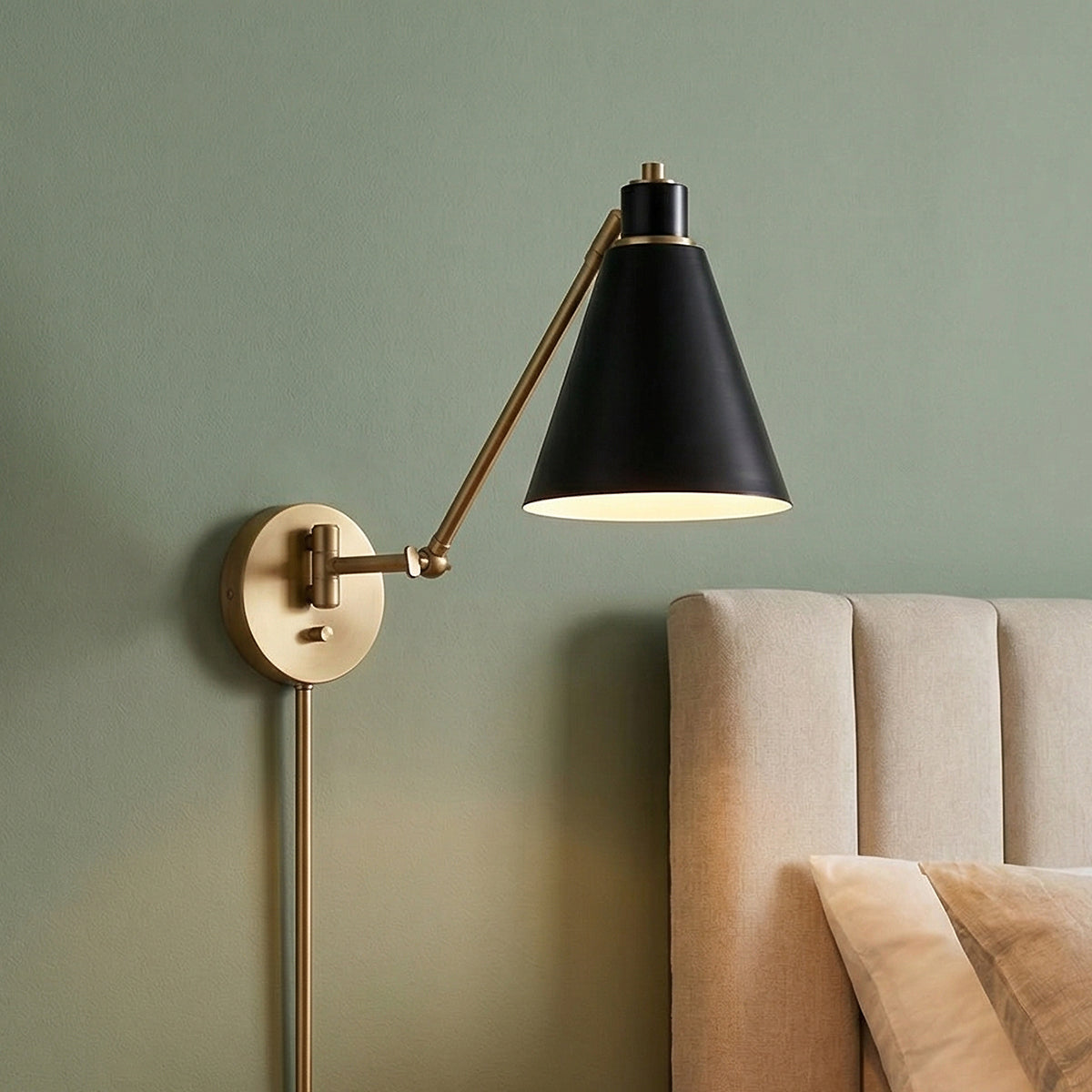 Avin Adjustable Plug-in Wall Sconce, Matte Black and Aged Brass