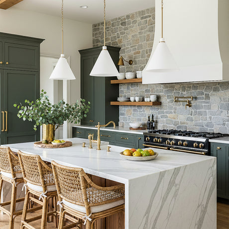 Avin Pendant 15, White and Aged Brass for Modern Farmhouse home with Stone