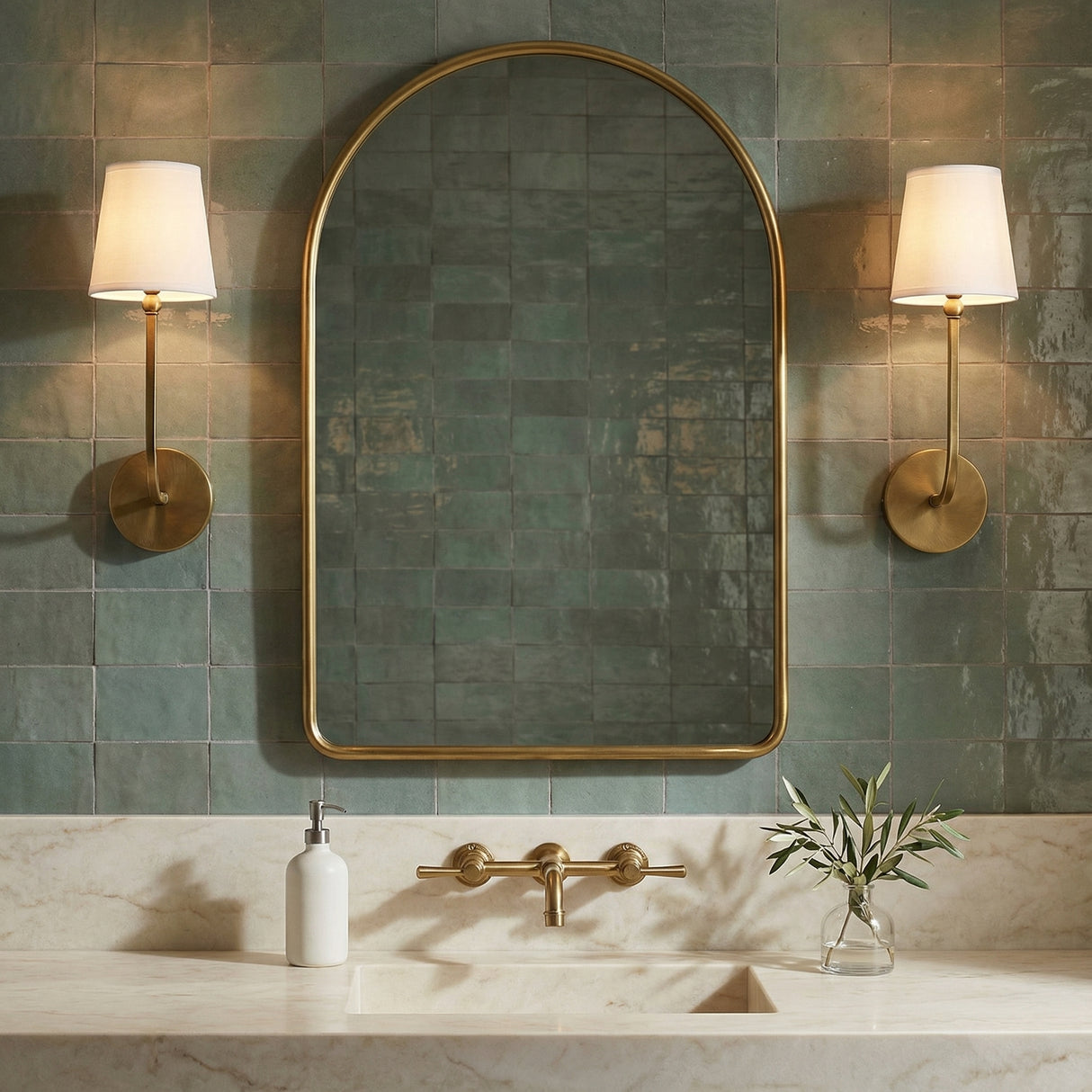 Elowen Wall Sconce 17", Aged Brass for Contemporary home with Green Tile