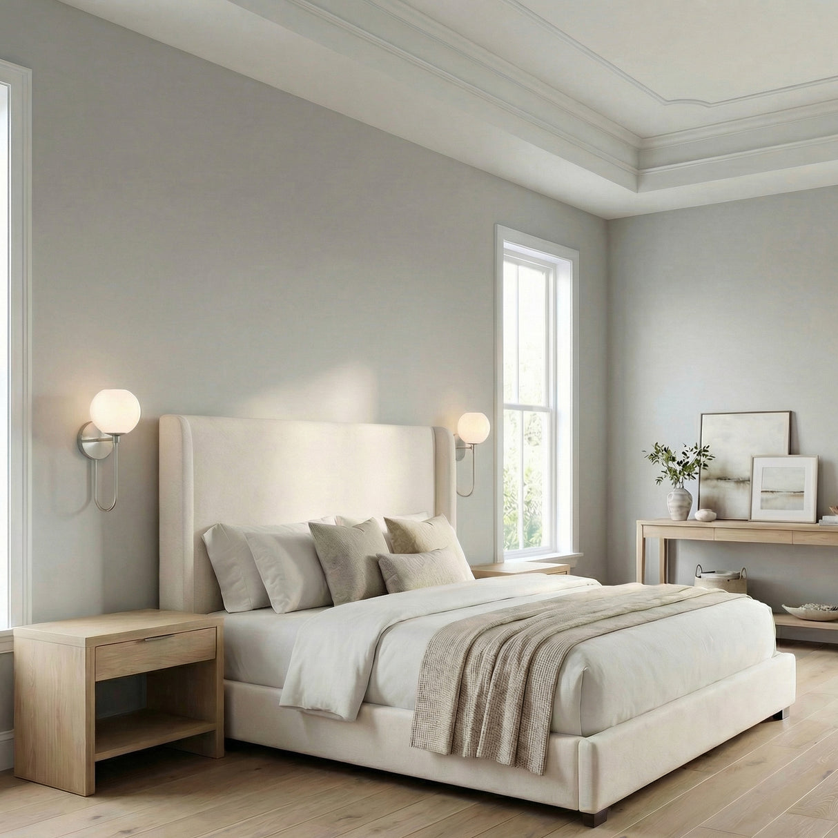 Brushed Nickel globe Wall Sconce in a Transitional Bedroom with an upholstered bed and light wood nightstand.