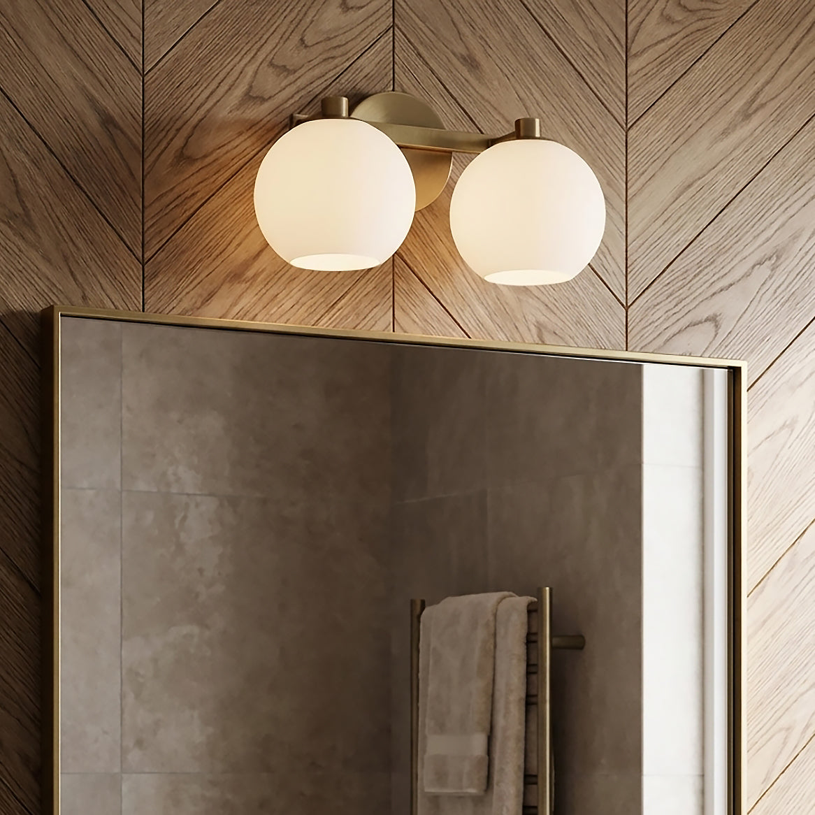 Enid 2 Light Vanity, Aged Brass for Modern home with Wood Siding