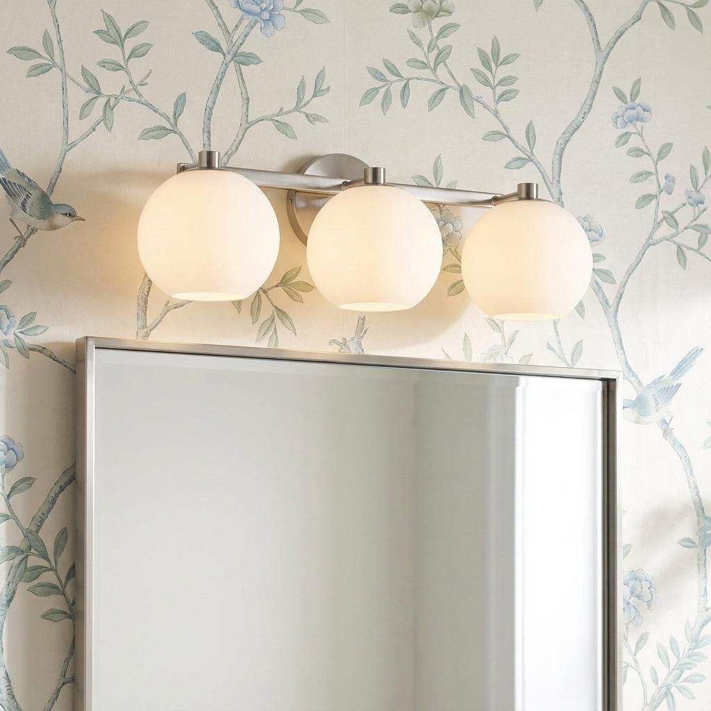 Enid 3 Light Vanity, Brushed Nickel for Transitional home with Cream Wallpaper