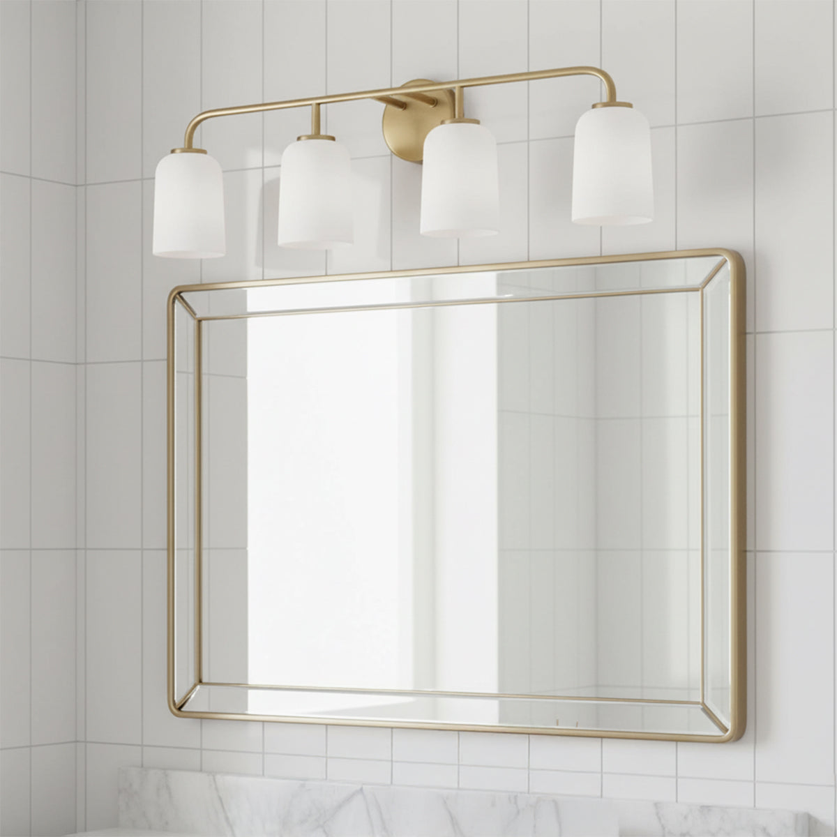 Elira 4 Light Vanity, Aged Brass for Modern home with White Tiled Walls