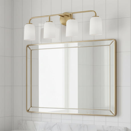Elira 4 Light Vanity, Aged Brass for Modern home with White Tiled Walls