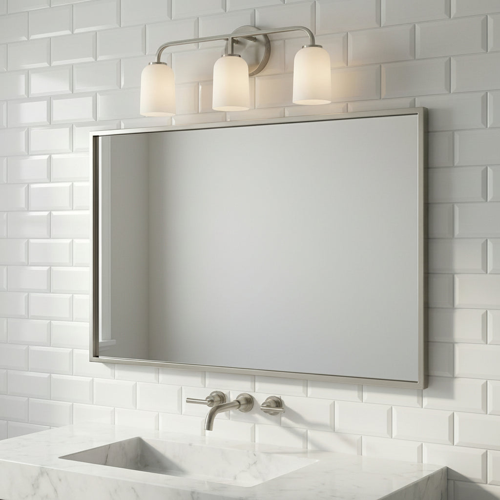 Elira 3 Light Vanity, Brushed Nickel for Modern home with White Subway Tile