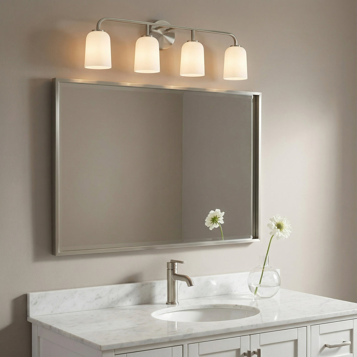 Elira 4 Light Vanity, Brushed Nickel for Modern home with Beige walls