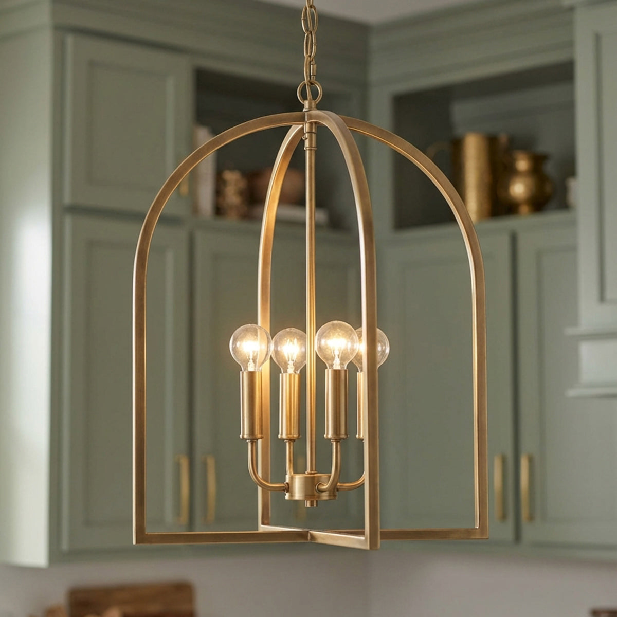 Elira Lantern Pendant 16" Aged Brass for Modern Farmhouse home with Green Shiplap