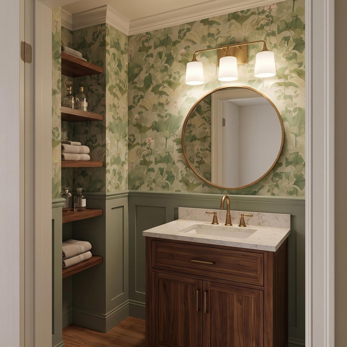 A traditional bathroom featuring the Harper 3 Light Vanity, Aged Brass with white shades above a round mirror, green botanical wallpaper, and a walnut vanity cabinet.