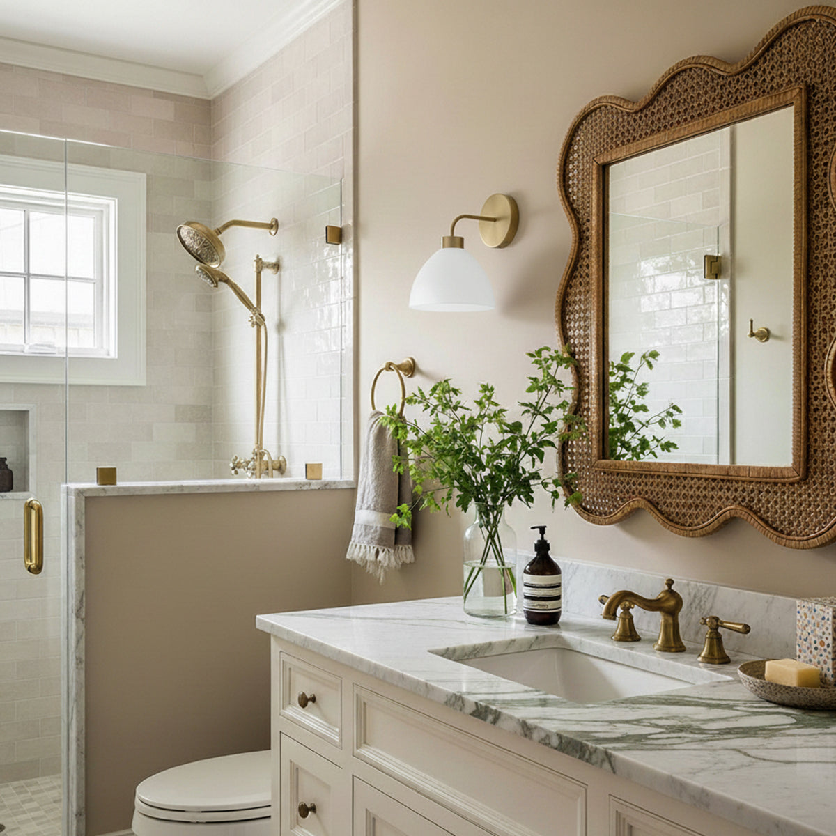 Cleo Wall Sconce, White and Aged Brass for Modern Farmhouse home with Beige Shiplap