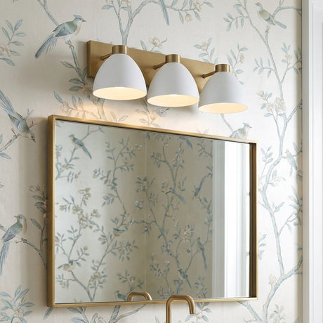 Cleo 3 Light Vanity, White and Aged Brass for Transitional home with Cream Wallpaper