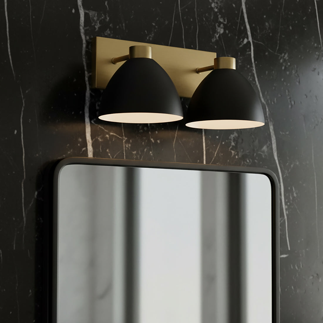 Cleo 2 Light Vanity, Matte Black and Aged Brass for Modern home with Black Marble