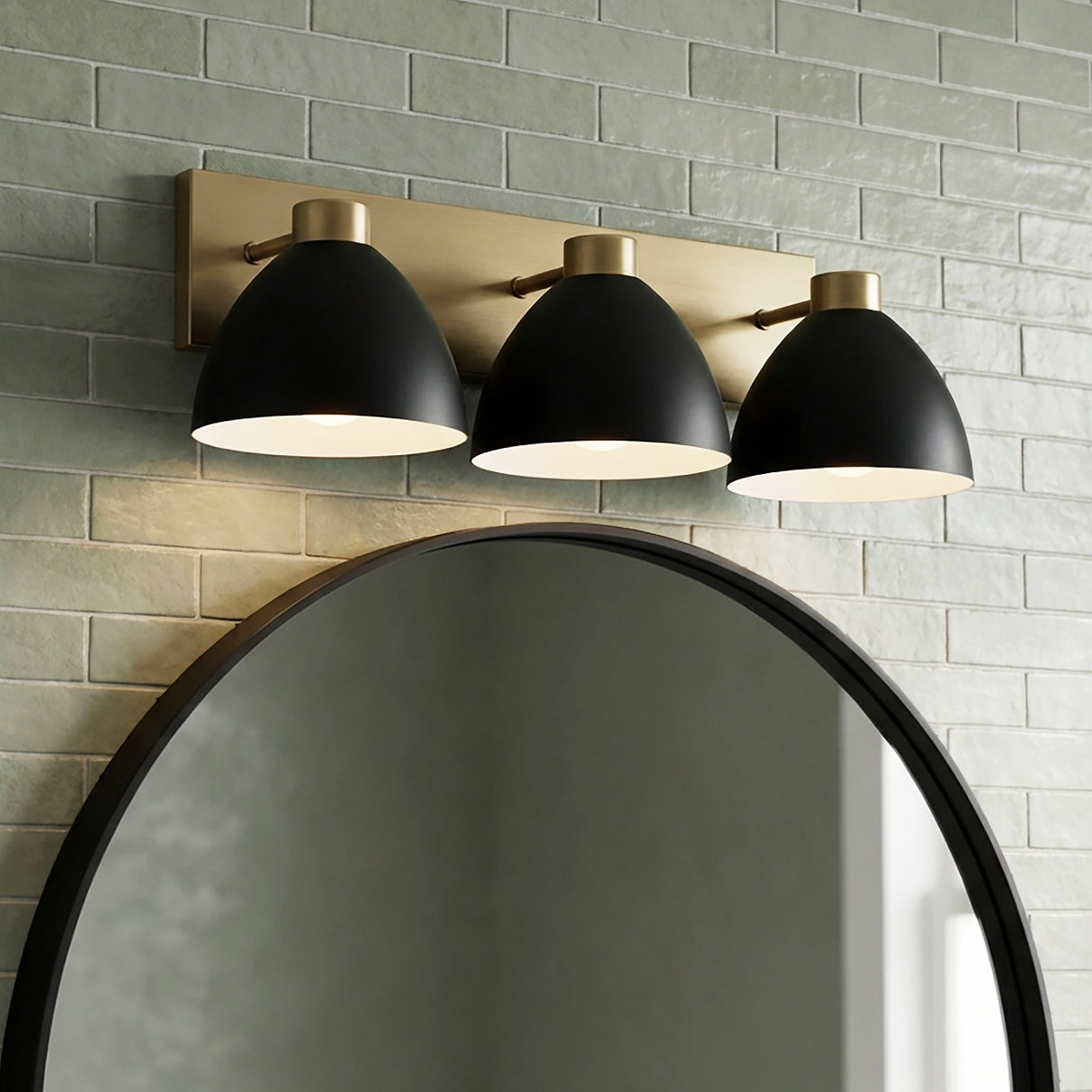 Cleo 3 Light Vanity, Matte Black and Aged Brass for Modern home with Green Tile