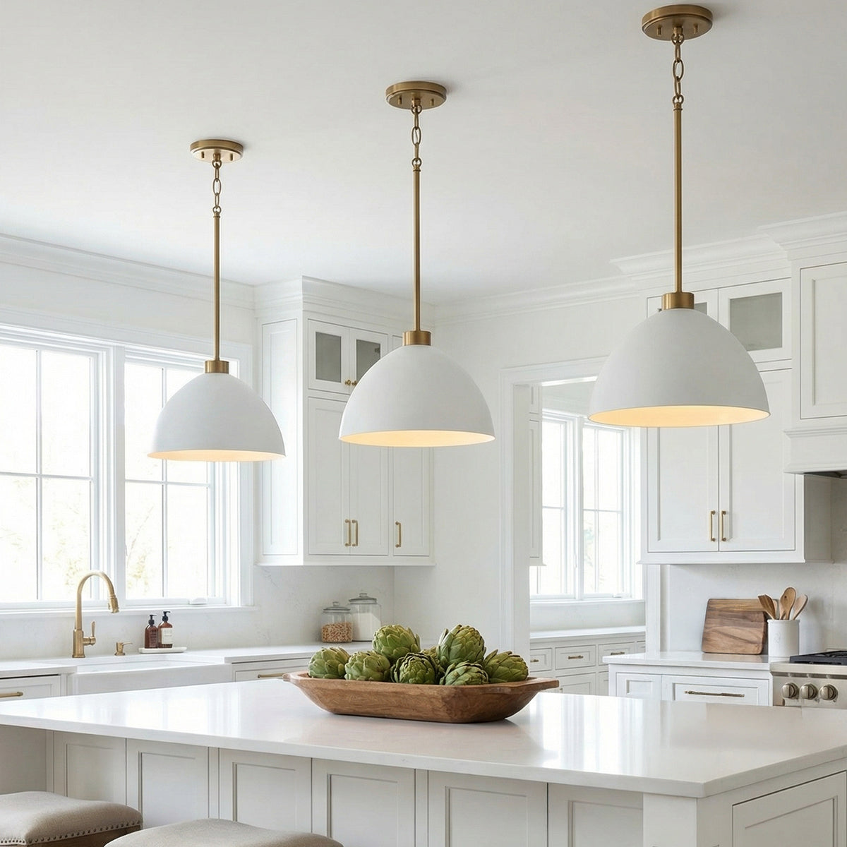 Cleo Pendant 13, White and Aged Brass for Modern Farmhouse home with White Cabinetry