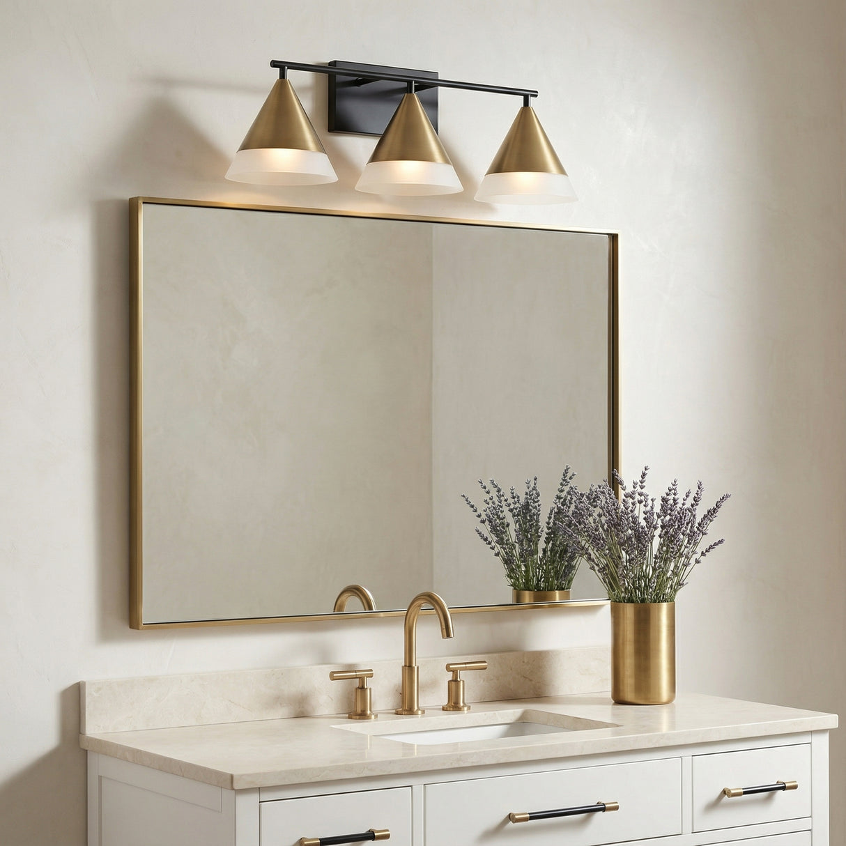 Astra 3 Light Vanity, Aged Brass and Black for Modern home with White walls