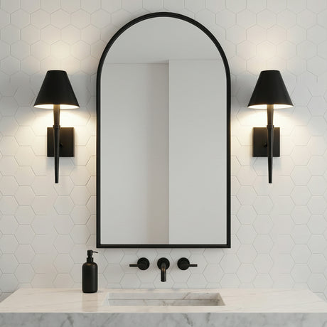 Clara Wall Sconce 19, Matte Black for Modern home with White Hexagonal Tile