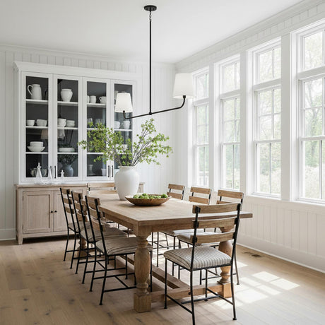 Lior 2 Light Linear Pendant 50", Matte Black in a Modern Farmhouse Dining Room with wood floors and white walls