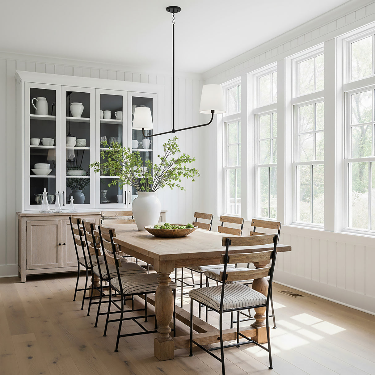 Lior 2 Light Linear Pendant 50", Matte Black in a Modern Farmhouse Dining Room with wood floors and white walls