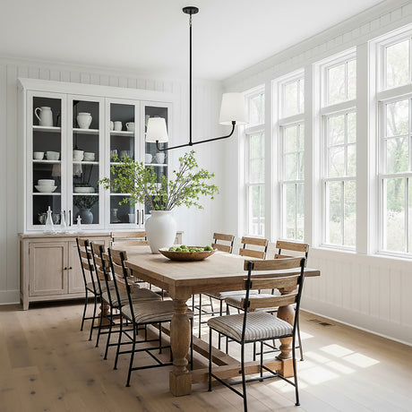 Lior 2 Light Linear Pendant 50", Matte Black in a Modern Farmhouse Dining Room with wood floors and white walls