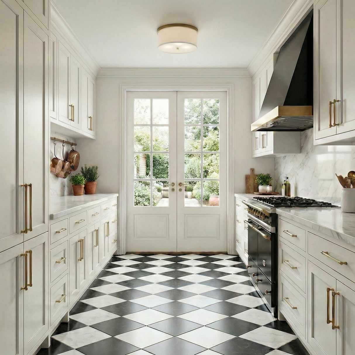 Wells Flush Mount 16", Aged Brass geometric Flush Mount in a Transitional Kitchen with shaker cabinets and checkerboard floors.