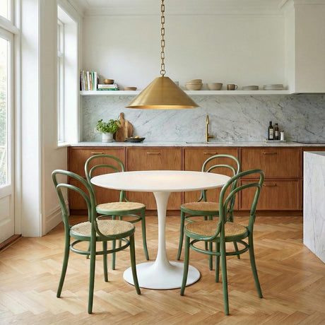 Vita Pendant 22, Aged Brass styled in a Modern Dining Room with wood floors.