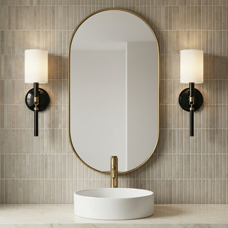 Whitby Wall Sconce 17, Glossy Black and Aged Brass for Modern home with Beige Tile