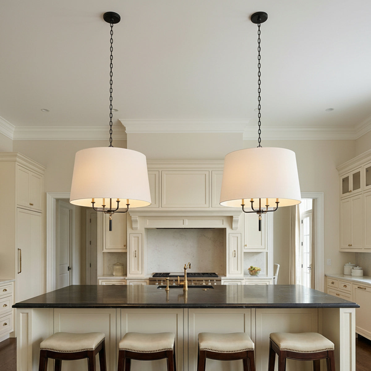 Whitby Pendant 26", Glossy Black and Aged Brass for Transitional home with Cream Shiplap