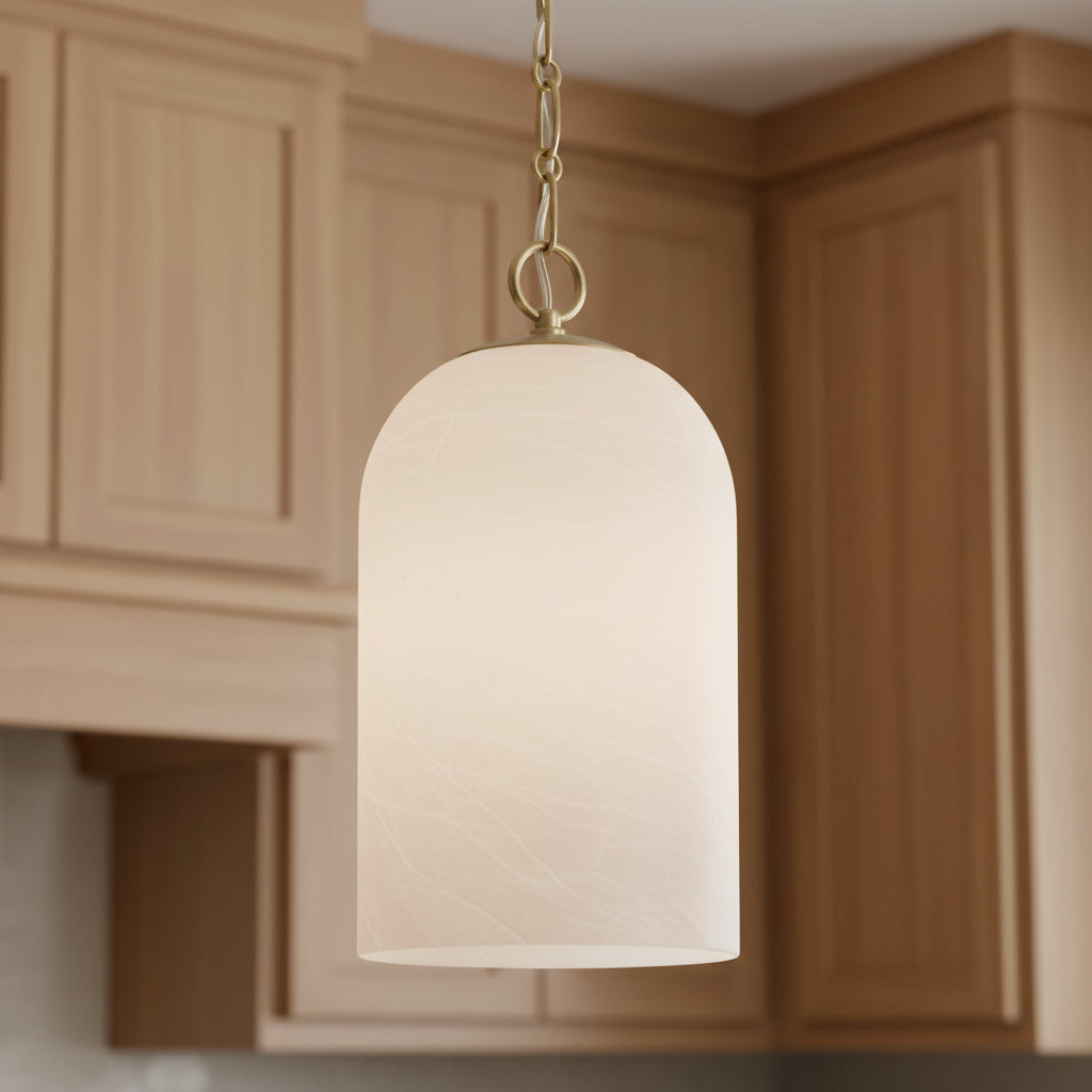 Tovi Pendant 9, Matte Brass with Cloud Opal Glass for Modern Farmhouse home with Warm Wood cabinetry
