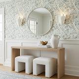 Textured White leaf design Wall Sconce in a Transitional Entryway with a light wood console table and beaded mirror.