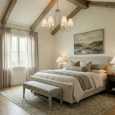 Dorian 6 Light Chandelier 36", Matte Brass tapered shade Chandelier in a Transitional Bedroom with vaulted wood beams.
