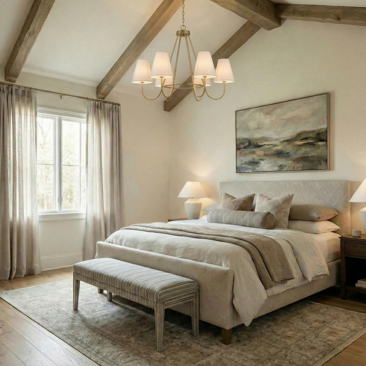 Dorian 6 Light Chandelier 36", Matte Brass tapered shade Chandelier in a Transitional Bedroom with vaulted wood beams.