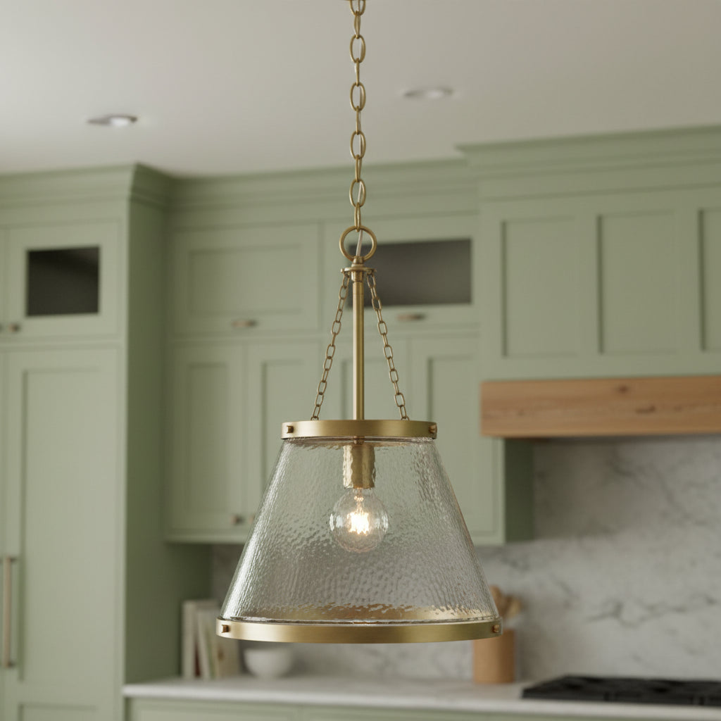 Elora Pendant 15, Aged Brass with Hammered Glass for Modern Farmhouse home with Green Shiplap