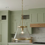Elora Pendant 15, Aged Brass with Hammered Glass for Modern Farmhouse home with Green Shiplap