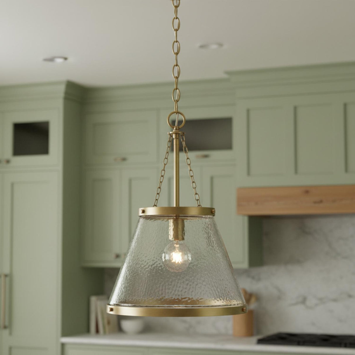 Elora Pendant 15, Aged Brass with Hammered Glass for Modern Farmhouse home with Green Shiplap