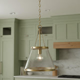 Elora Pendant 15, Aged Brass with Hammered Glass for Modern Farmhouse home with Green Shiplap