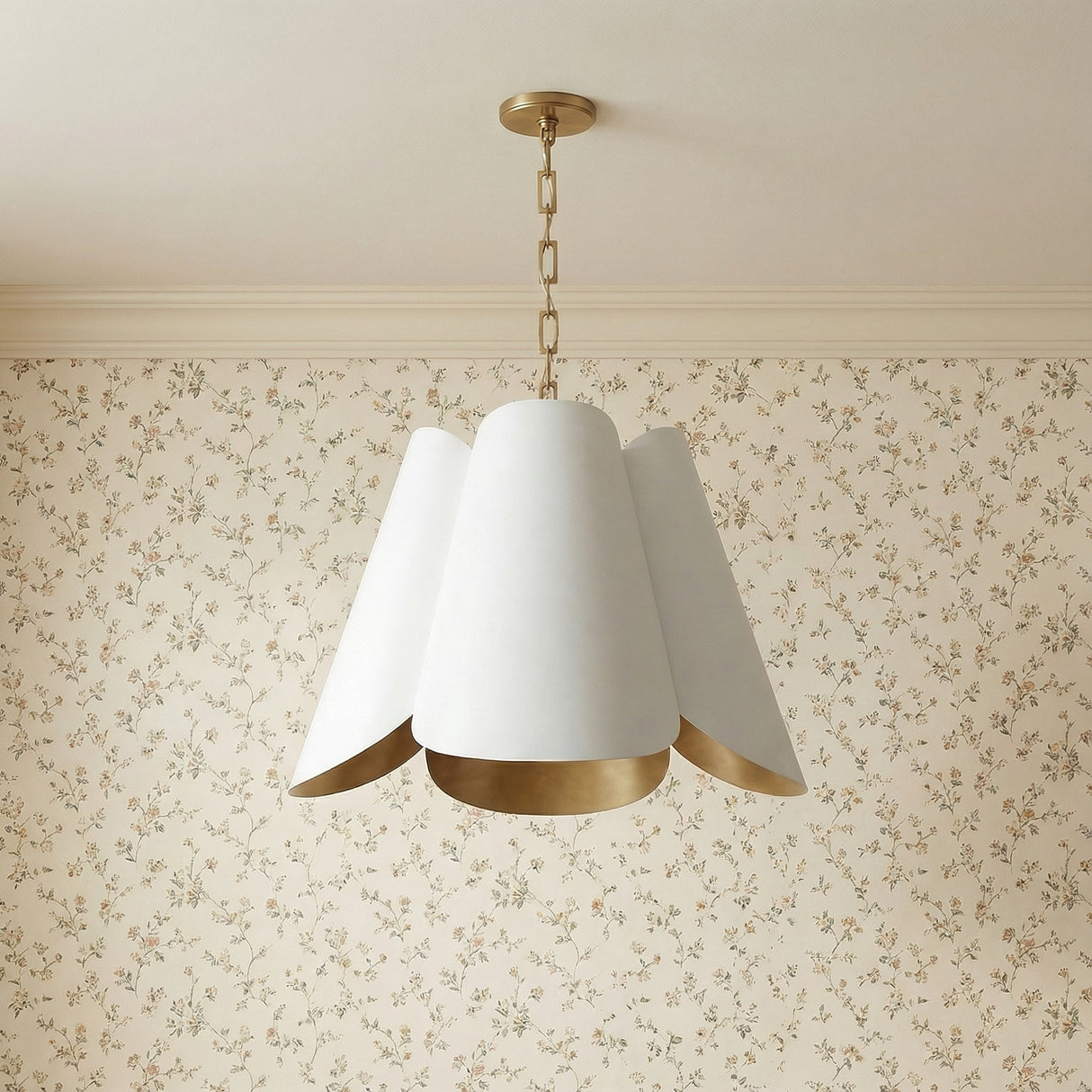 Fiore Pendant 27, White and Matte Brass, styled in a Transitional Entryway with floral wallpaper.
