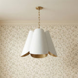 Fiore Pendant 27, White and Matte Brass, styled in a Transitional Entryway with floral wallpaper.