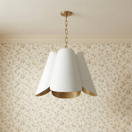 Fiore Pendant 27, White and Matte Brass, styled in a Transitional Entryway with floral wallpaper.