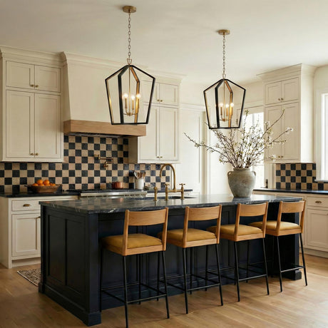 Talin Lantern Pendant, Black and Matte Brass geometric Pendant in a Modern Farmhouse Kitchen with a checkered backsplash.