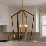 A transitional kitchen features the Talin Lantern Pendant 20", Chestnut and Matte Brass suspended along the ceiling in front of white shaker cabinets and a beige backsplash.