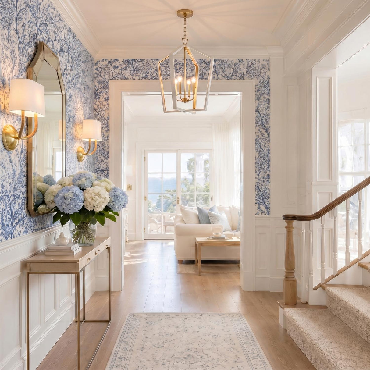 A transitional foyer with a white and matte brass Talin Lantern Pendant 20" over light wood flooring, blue botanical wallpaper, and a slim console table.