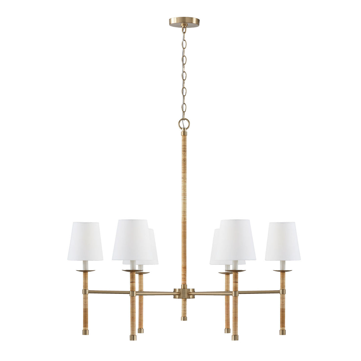 Faris 6 Light Chandelier  38", Matte Brass with Rattan