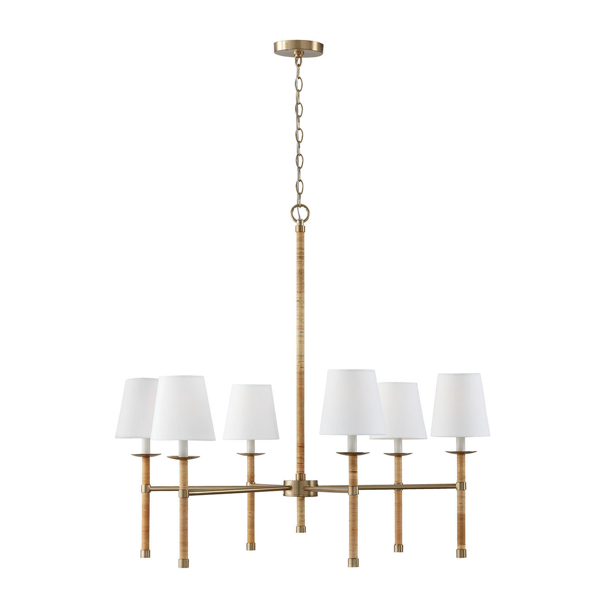 Faris 6 Light Chandelier  38", Matte Brass with Rattan