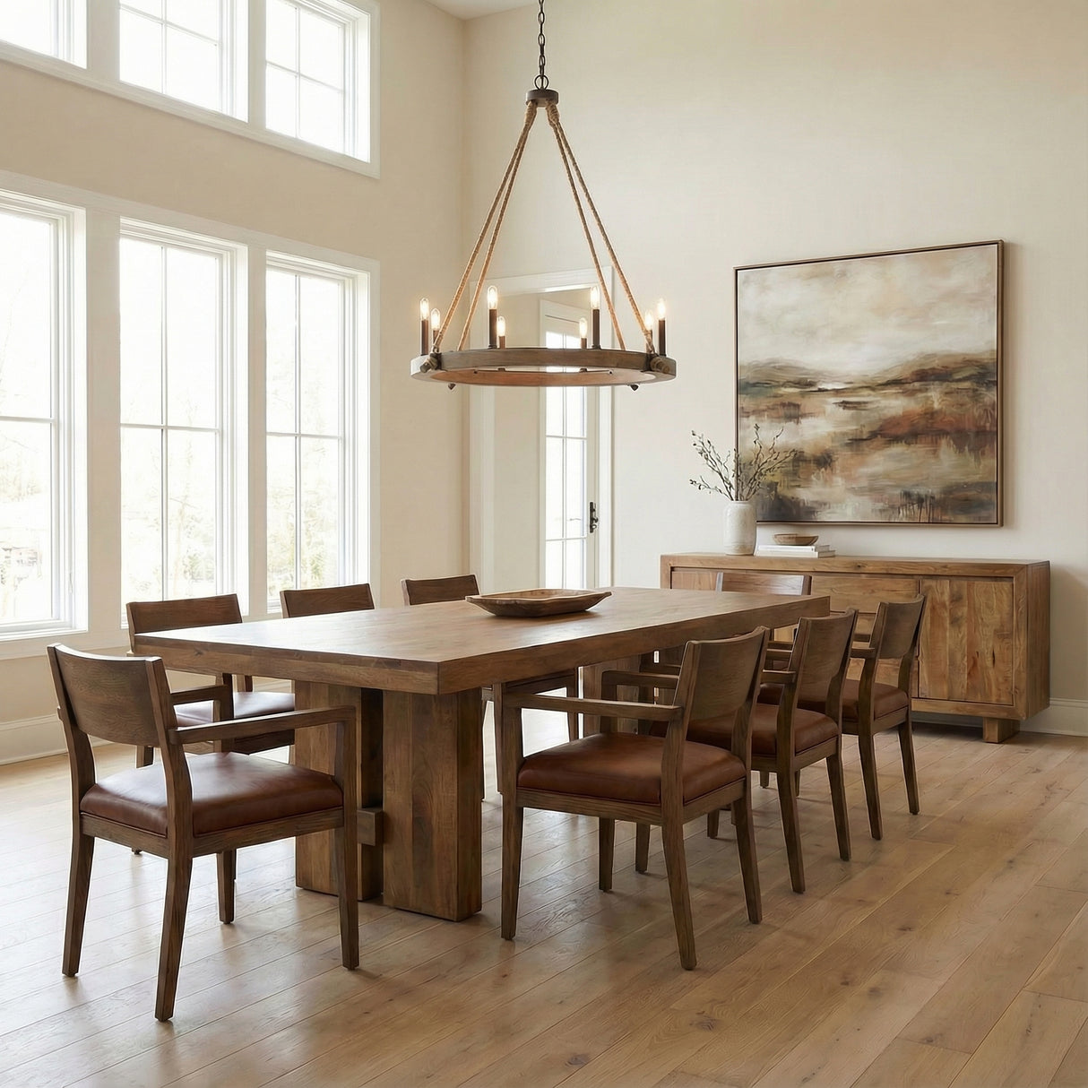 Dark Bronze & Wood geometric chandelier in a Modern Farmhouse Dining Room with a rustic oak table & leather chairs.