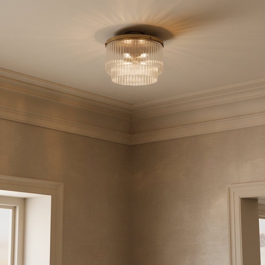 Libra Flush Mount 16" Aged Brass for Transitional home with Warm Beige Walls