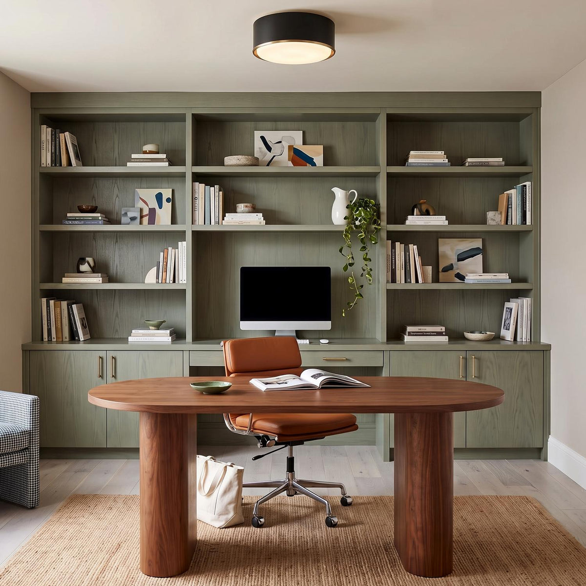 A contemporary office with olive green built-in bookcases and an oval wood desk features the Adler Flush Mount 16", Black and Matte Brass centered on the ceiling.