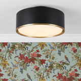 A transitional foyer features the Adler Flush Mount 16-inch, Black and Matte Brass fixture mounted on a white ceiling above botanical bird wallpaper and white molding.