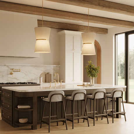 Two Beacon 20" wide pendant lights are shown hung above an extra large kitchen island with seating for four.