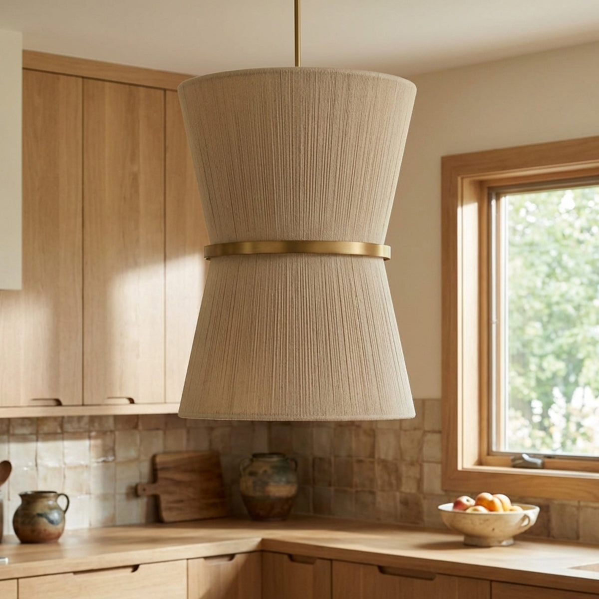 Beacon Pendant 20 for Modern home with Warm Wood Cabinets