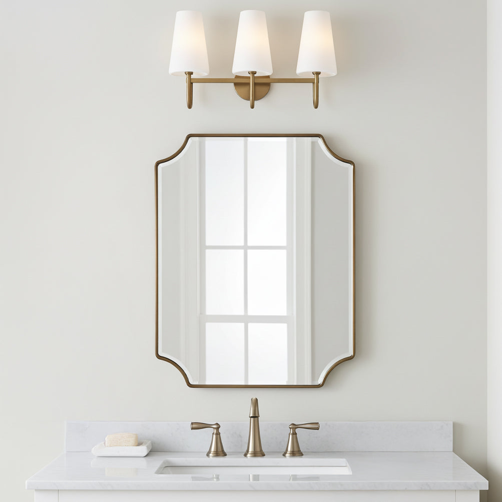 Viola 3 Light Vanity, Aged Brass for Transitional home with White Siding