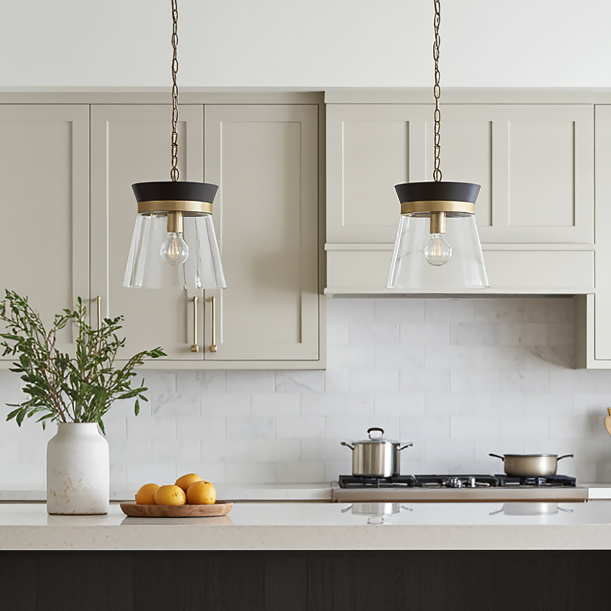 Maren Pendant 12", Ebony and Matte Brass for Modern Farmhouse home with Beige Cabinets